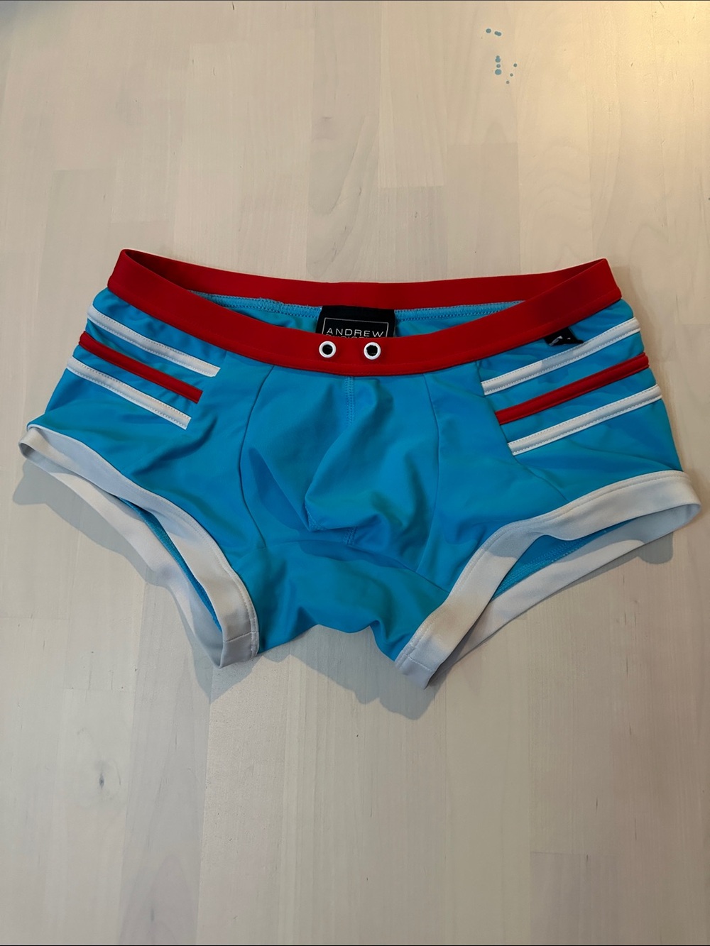 Blue Swim Shorts with Red Waistband